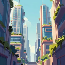 a beautiful and immaculate futuristic sky city. skyscrapers with roof gardens. view from an alleyway. vector rendering. outrun style. leading lines. vanishing point. trending on artstation. by chris moore. beeple colors.