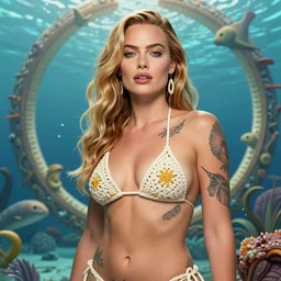 tattooed margot robbie posing in a crochet bikini in front of atlantis, highly detailed face, fantasy art, in the style of greg rutkowski, illustration, epic, fantasy, intricate, hyper detailed, artstation, concept art, smooth, sharp focus, ray tracing, vibrant,