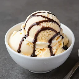 bowl of vanilla ice cream with chocolate syrup