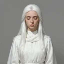 benevolent lady, closed eyes, graceful, modest white gown, white scarf, high collar, kindness, sadness, long white hair, straight hair, long shot, highly detailed, digital painting, artstation, concept art, sharp focus, illustration, 9 9 9 4, art mark brooks and luis royo and artgerm