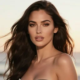 closeup dream photo of a beautiful megan fox with long dark wind blown hair at sunrise, rim lighting, glamour pose, hyper realistic, concept art, intricate, hyper detailed, smooth, ambient volumetric lighting, high contrast, pinup, vibrant, hd, octane, gil elvgren, arney freytag, alberto vargas, 1 9 4 5