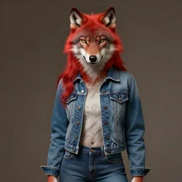 an anthropomorphic wolf female with bright red fur wearing a denim jaket and jeans, diffuse lighting, fantasy, intricate, elegant, highly detailed, lifelike, photorealistic, digital painting, artstation, smooth, sharp focus, naturalism, trending on byron's - muse, by greg rutkowski and greg staples and alphonse mucha