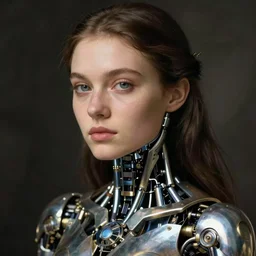 close - up portrait of beautiful young woman with cybernetic dress, art by petrus christus and peter lindbergh