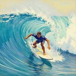 a painting of a surfer surfing a wave, lineart, pointilism, low saturation colors, triadic color palette