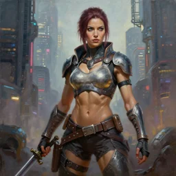 well muscled cyberpunk female amazon warrior, oil painting, detailed, in front of a cyberpunk city
