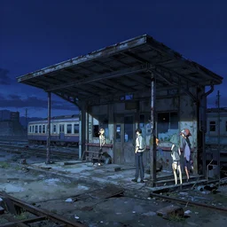 abandoned japanese cyberpunk train station at the end of the world, dystopic landscape at midnight with a clear night sky, detailed concept art illustration by akihiko yoshida and jean baptiste monge and makoto shinkai and wlop and and tsutomu nihei, 4 k artstation