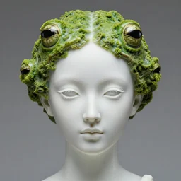 ! dream full head and shoulders, beautiful porcelain female person, mixed with frog spawn eyes, smooth, delicate facial features, white detailed eyes, white lashes, by daniel arsham and james jean
