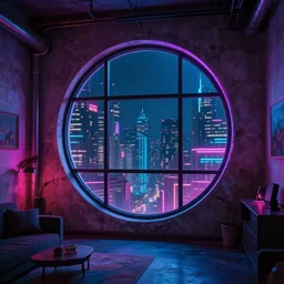 a highly detailed loft apartment, neon backlit, round window, cyberpunk nightcity in the window, 8 k