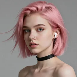 beautiful russian girl with short pink hair and nose piercing, wearing airpods, a black choker, thin round earrings, winds of winter, au naturel, hyper detailed, digital art, trending in artstation, cinematic lighting, studio quality, smooth render, octane rendered, concept art, sharp focus, illustration, art by artgerm and greg rutkowski and wlop