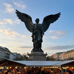 a city market and the blue sky with clouds at sunrise. a massive statue of saint paul with massive black wings standing on a platform in the middle of the city + very