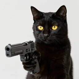 “A black cat, yellow eyes, holding a gun, 8K, hyper realistic”