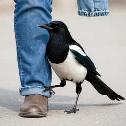 a magpie with human legs wearing jeans
