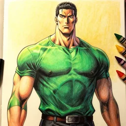 a tall, muscular man with pale skin and a green shirt, illustration, graphic novel, graphite, marker art, crayon, paint, comic book, warm color palette, electric colors, tonal colors, 2 d, 8 k, natural lighting, amoled, moody lighting, diffraction grading, cel shading : : katsuhiro otomo