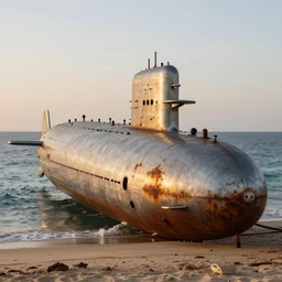 beached submarine in the middle of sanaa, curvilinear, up close, climbing, beaching, rust, sadness, golden hour