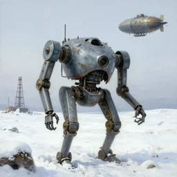 1920's broken down bipedal mech in the snowy tundra, oil drill in the distance, steampunk airship above, painted by Jakub Rozalski
