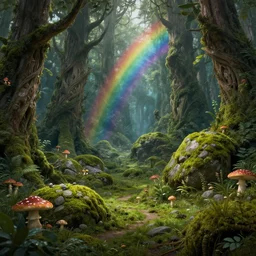 ancient forest, fantasy creatures, moss landscape, lush, mushrooms, stones, mysterious, rainbow, intricate, hyper detailed, artstation, concept art, smooth, sharp focus, ray tracing, vibrant, photorealistic, albert bierstadt