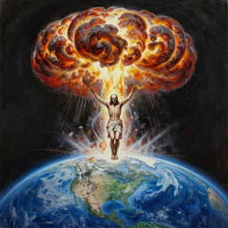 a highly detailed oil painting of Jesus Christ with skull instead of face, standing inside the epicenter of thermonuclear blast mushroom on blue earth planet, going away, refusing to save humanity