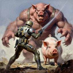 epic artwork of a retro futuristic military soldier fight with ugle large mutant swine in airbrush style by wayne barlowe, mark brooks, elson peter