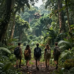 « group persons, dark jungle, far view, unreal engine 5, highly detailed, exploring, fantasy, »