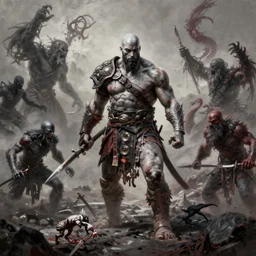 an ultra detailed matte landscape painting of kratos from god of war teaming up with the hunter from bloodborne, killing the great ones, epic fantasy, grimdark realism, cosmic horror, crossover space, ultrawide lens, intricate, highly detailed, digital painting, artstation, concept art, sharp focus, octane render, art by greg rutkowski and alphonse mucha and rembrandt, 8 k