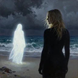 silhouette of Elle Fanning and a glowing white ghost on the beach, stormy weather, extremely detailed masterpiece, oil on canvas, low-key neon lighting, artstation, Blade Runner 2049, Roger Deakin’s cinematography, by J. C. Leyendecker and Peter Paul Rubens,