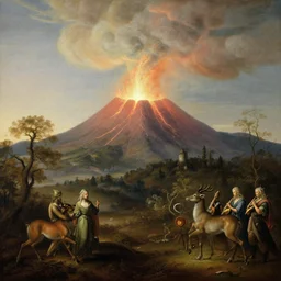 a volcano seething, ethereal landscape, elves, fauns, musicians, claude lorrain pastoral landscape