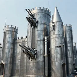 photo of a futuristic metal castle with machine guns and rocket launchers on the walls