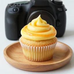 dslr food photography of a banana cupcake, on a wooden plate, with orange - yello - striped creme topping and a glass of banana milk on the side, macro shot, hasselblad, 1 0 0 mm f 1. 8, dimmed lightning