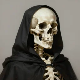 portrait of a skeleton in black cloak, elegant, intricate, headshot, highly detailed, digital painting, artstation, concept art, sharp focus, illustration, art by artgerm and greg rutkowski and alphonse mucha