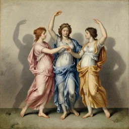 the three graces dancing with their shadows, sketch, multicolored, intricate, full body, cinematic, old masters