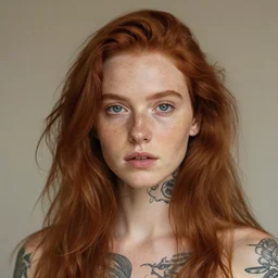 portrait of an ethereal ginger beauty, freckles, tattoos, by mary jane ansell