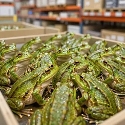 an amazon warehouse filled with frogs