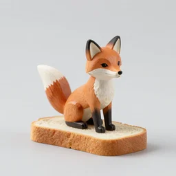 A wooden statuette of a fox on a piece of bread. solid Background.