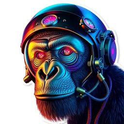 sticker art of a realistic ape head with a steampunk space helmet with multicolored glowing pocketwatches and tubes and cables, crisp, trippy, fluorescent colors, insanely detailed, 3 d render, front shot, 3 5 mm