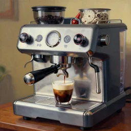 a painting of demon espresso machine that makes coffee from human souls