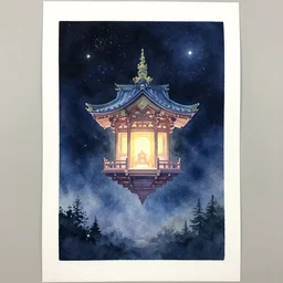 centered on watercolor paper, paint brush strokes, watercolor painting of a hovering miniature shrine, holy, enchanted, iridescent and ethereal, in a starry night landscape, perspective, oriental, cinematic light, in the style of noriyoshi ohrai