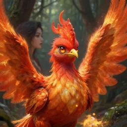 long shot of a cute phoenix bird and woman chimaera inside a forest, sparkling eyes, embers in her eyes, sharp features, big flowing fiery feathers, highly detailed, digital painting, artstation, concept art, smooth, sharp focus, beautiful feathers, expressive eyes, illustration, art by artgerm and greg rutkowski and alphonse mucha