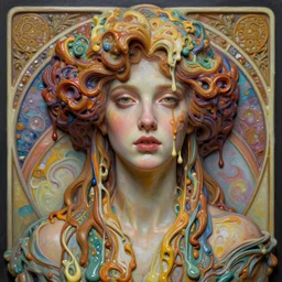 a beautiful woman made from melting wax in intricate detailed color oilpaint, 3 d render, hyper realistic detailed portrait, distopian surrealism, intense colors, hyper detailed, octane render, concept art, by peter mohrbacher, by alphonse mucha, by wlop, by ruan jia