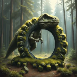 highly detailed oil painting of a mossy tire sculpture of a tyrannosaurus in the forest, featured on pixiv