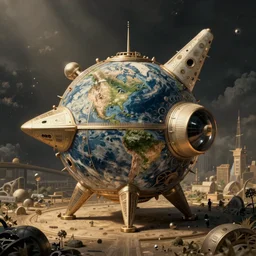 earth starship, intricate vintage solarpunk illustration by tim doyle