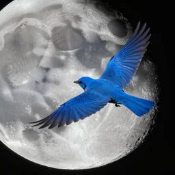 a photo of a blue bird flying in space past the moon