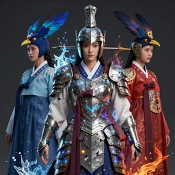 3 d warrior goddess medium shot portrait. beautiful hyperrealistic intricate highly detailed magpie helm, shattered armor, kintsugi, quetzalcoatl, korean hanbok, bioluminescent, plasma, lava, ice, feather, in the style of chiara bautista, octane 3 d render