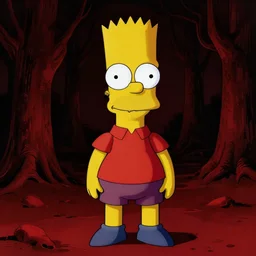 zombie bart simpson, in the style of beksinski, red, black, glowing, vibrant, chiaroscuro, high detail, perfect artwork, clean lines