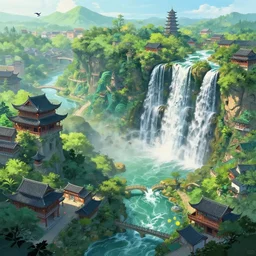 dreamy chinese town, high waterfalls, greenery, paradise, magical, digital painting, illustration, bird view, highly detailed, fantasy
