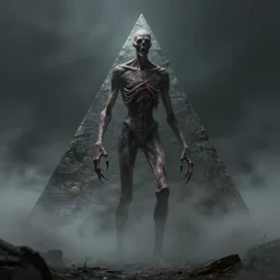 a very thin tall huge creepy pyramidheaded humanoid. character concept art, extremely high details, octane render, fog, horror, artstation contest winner, digital art by simon stalenhag. masterpiece