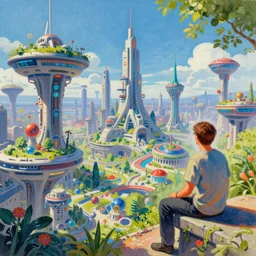 a pastel painting of a sprwling science fiction cityscape, a man sits on a ledge and overlooks the vast expanse, 8k render, highly detailed, vibrant, uplifting