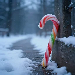 a single colorful candy cane is sticking out the ground on the side of a serene foot path. the candy cane is as big as a person. there are some snow drifts laying against the candy. there are snow flurries in the air. epic, awe inspiring, dramatic lighting, cinematic, extremely high detail, photorealistic, cinematic lighting, trending on artstation cgsociety rendered in unreal engine, 4 k, hq,