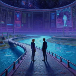 the last hologram remnants of humanity stand conversing on a neon cobblestone bridge over a river made of simulated layers, a scene set in a vast holodeck. a lonely room teetering on the edge of the universe and the spectrum of oblivion encompasses all emotion. sci - fi fantasy digital oil painting