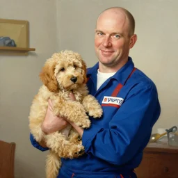 a bald white man, slim, wearing plumber uniform, norman rockwell painting, holding a golden doodle puppy