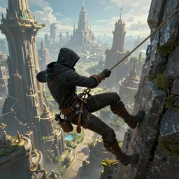 an epic fantasy comic book style landscape painting of a hooded thief using a rope to climb a tall building with a fantasy city, unreal 5, daz, hyperrealistic, octane render, dynamic lighting